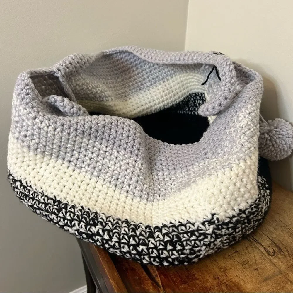 Large Homemade Hand Knit Soft Tote Basket Toy Storage Black Cream Gray Crochet